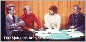 TV debate 1975. From left; Ture Sjolander, Bror Wikstrom, Sven Hoglund and a TV reporter. 